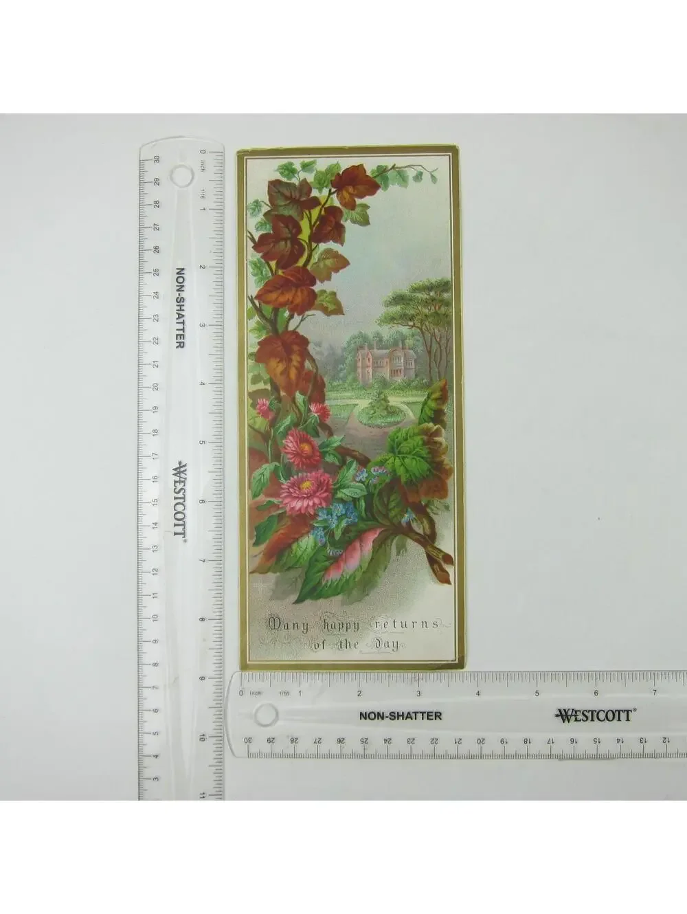 Victorian Greeting Card Georgian House Mansion Pink Flowers Leaves Happy Returns